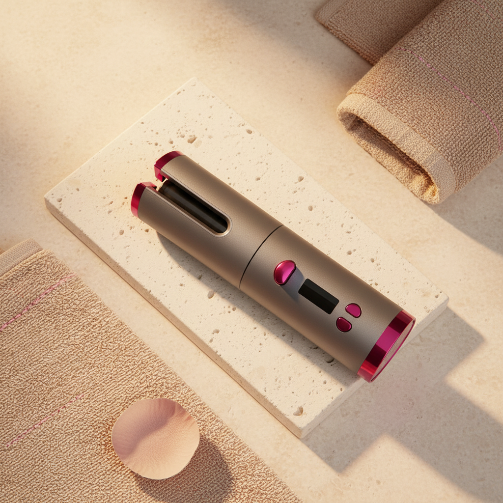 Grey fuchsia pink cordless auto hair curler flat lay cream stone beige towels pink accents