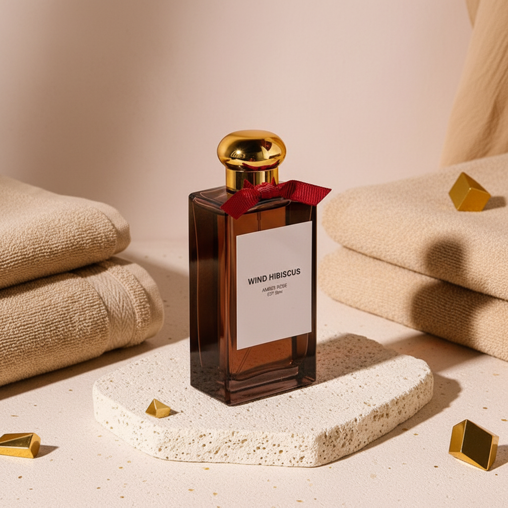Wind Hibiscus perfume flat lay cream stone beige towels gold accents