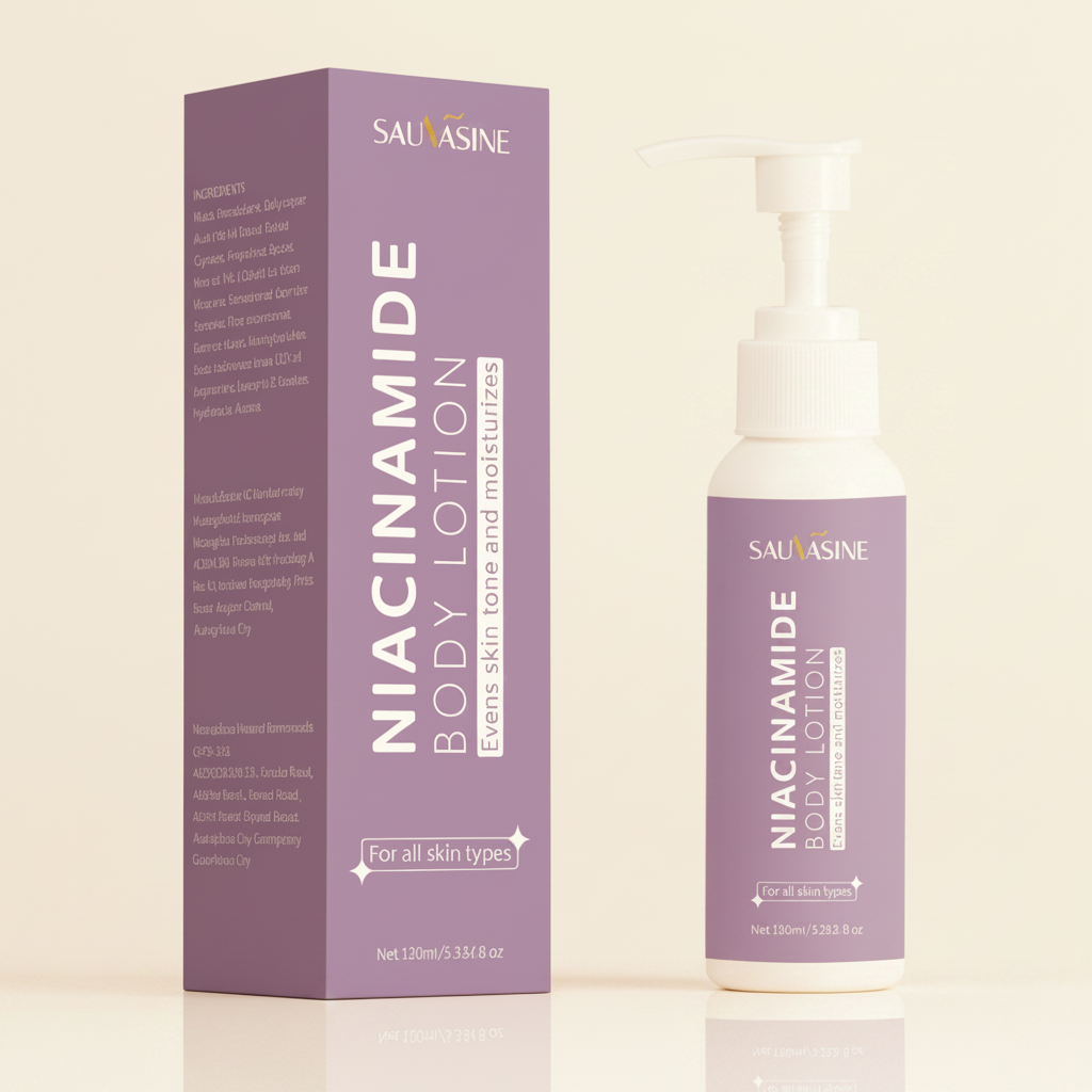 SAUVASINE niacinamide body lotion lavender pump bottle and box cream background