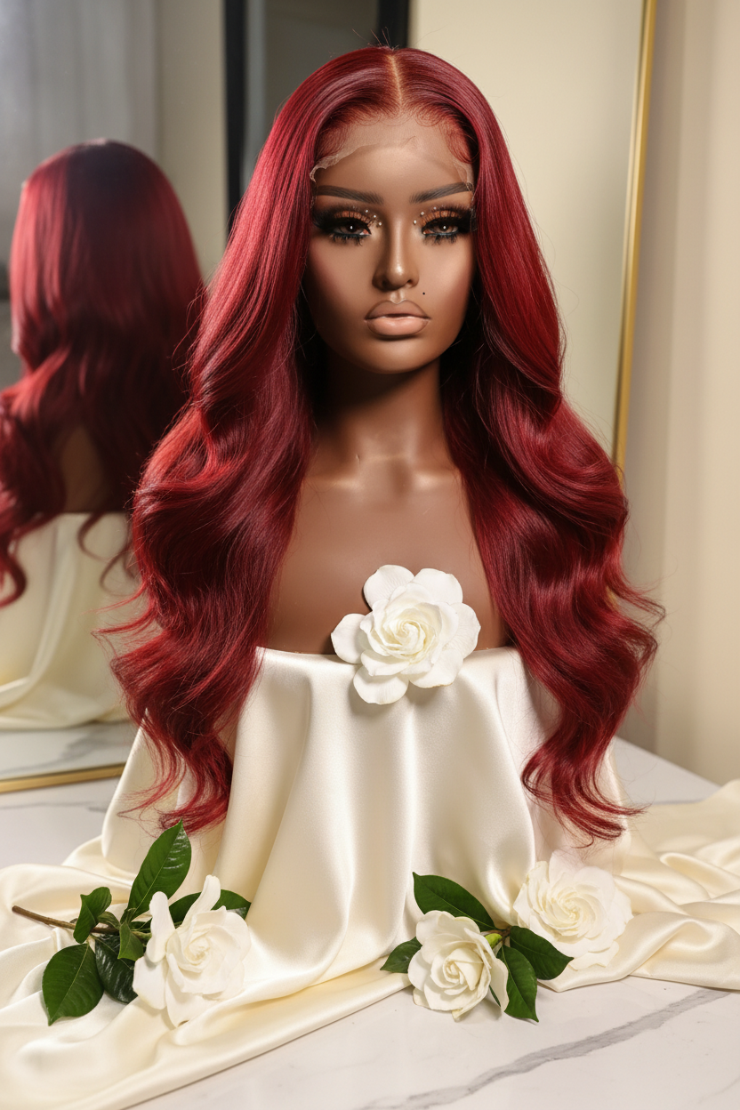 Cherry Red Body Wave Wig - Luxury Marble Editorial