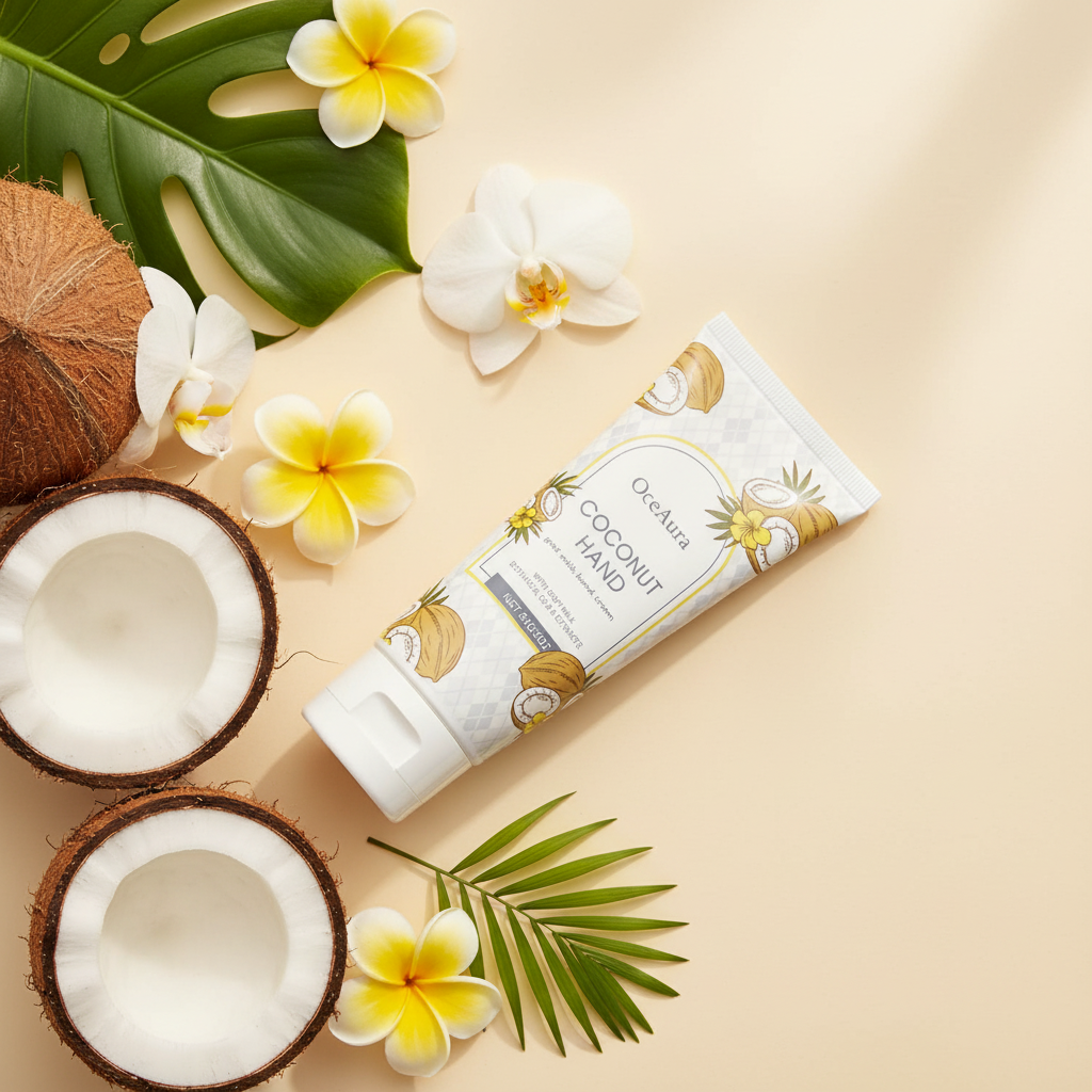 OceAura coconut hand cream tube with fresh coconuts and tropical flowers botanical