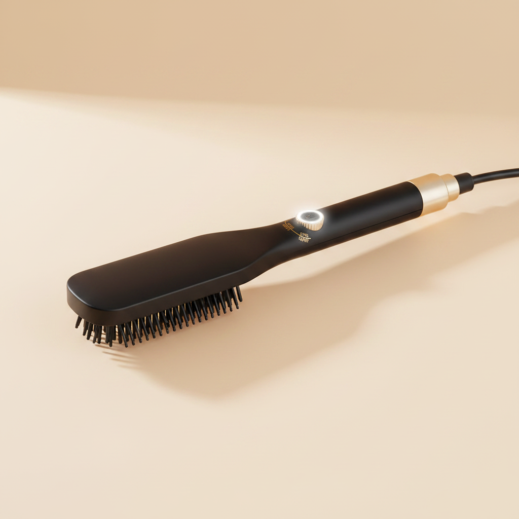Black gold hair straightening brush front view clean cream background