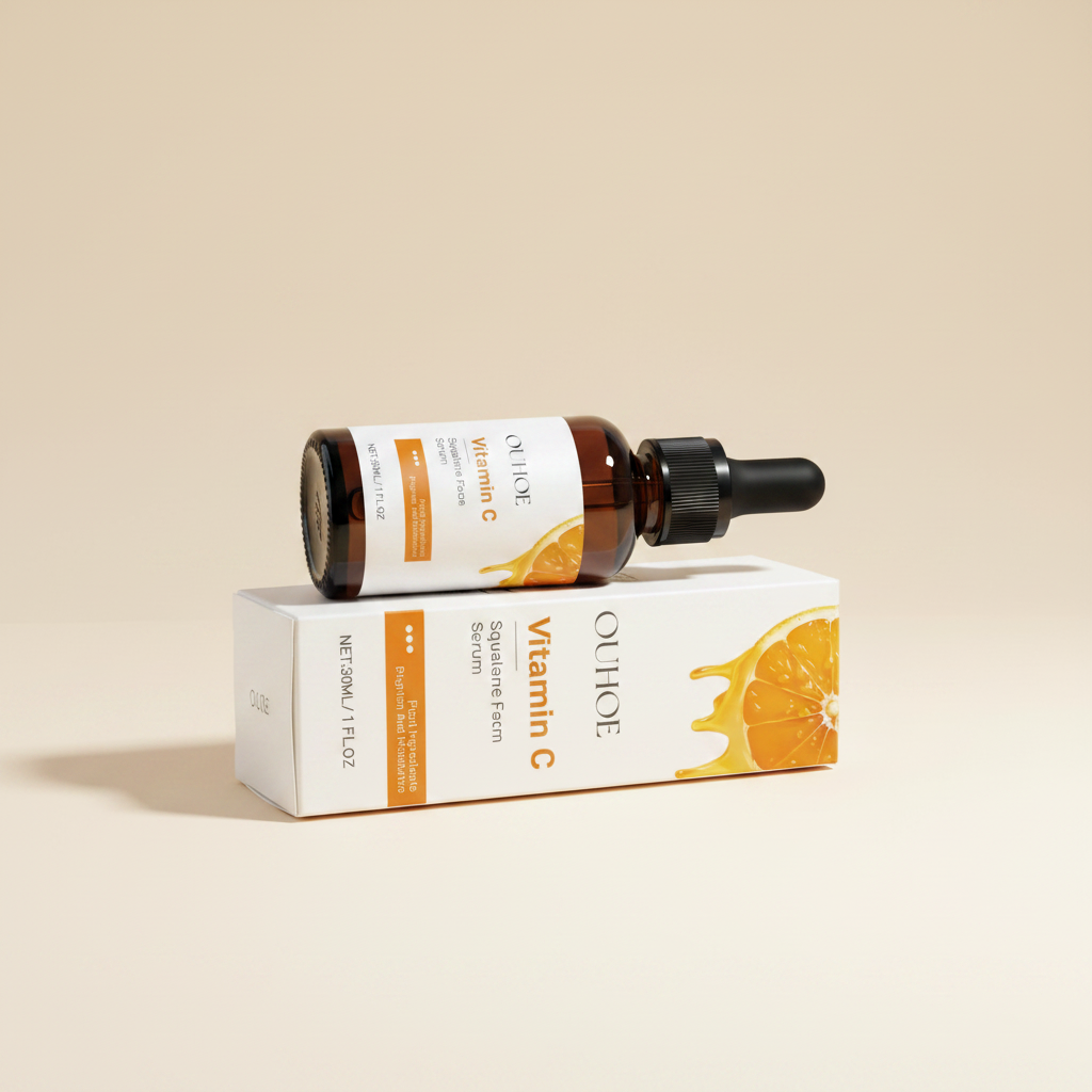 Vitamin C serum bottle laying on box