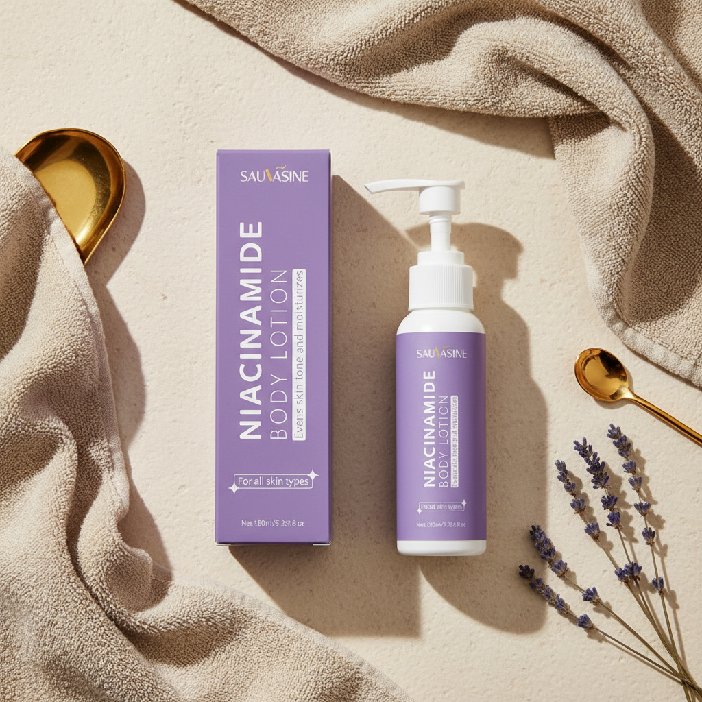 SAUVASINE niacinamide body lotion flat lay cream stone linen dried lavender gold accents