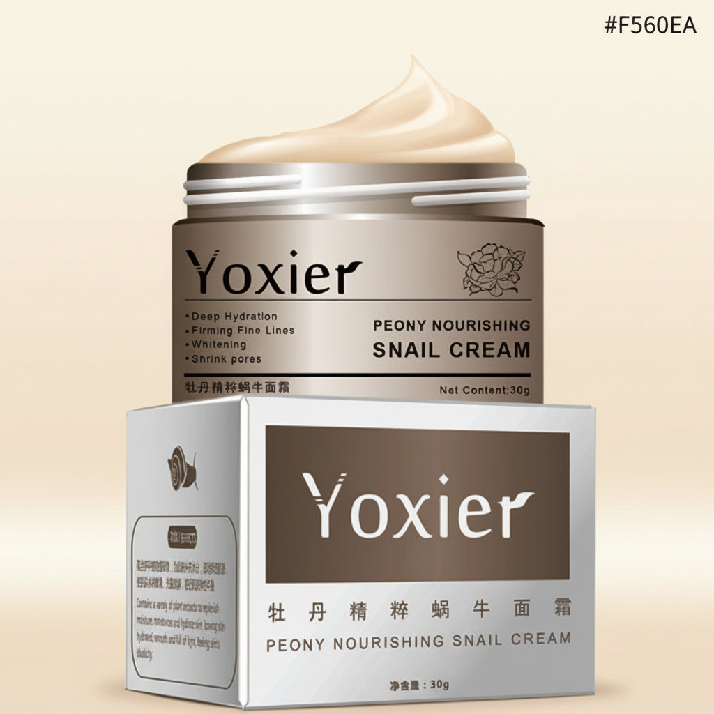 Peony snail cream jar on box clean cream background