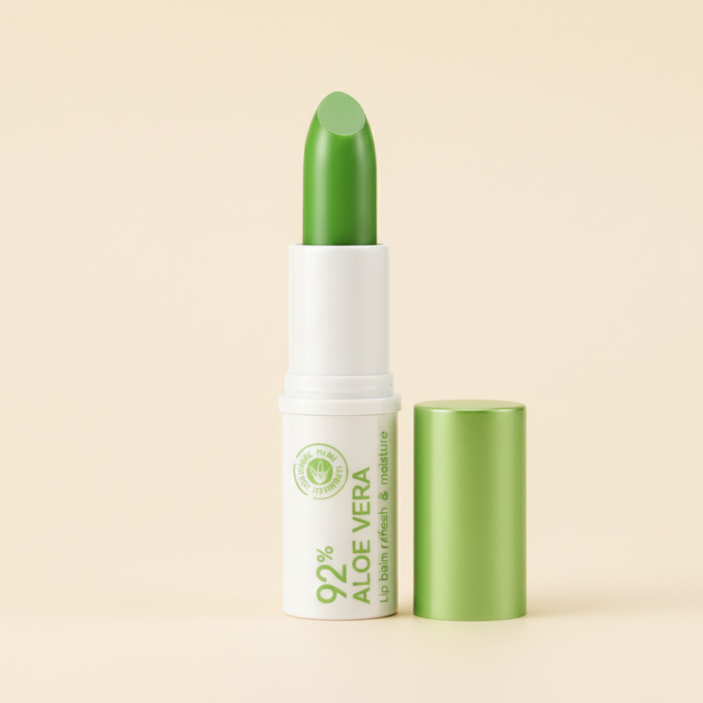 92% aloe vera lip balm white tube green cap clean solo cream background