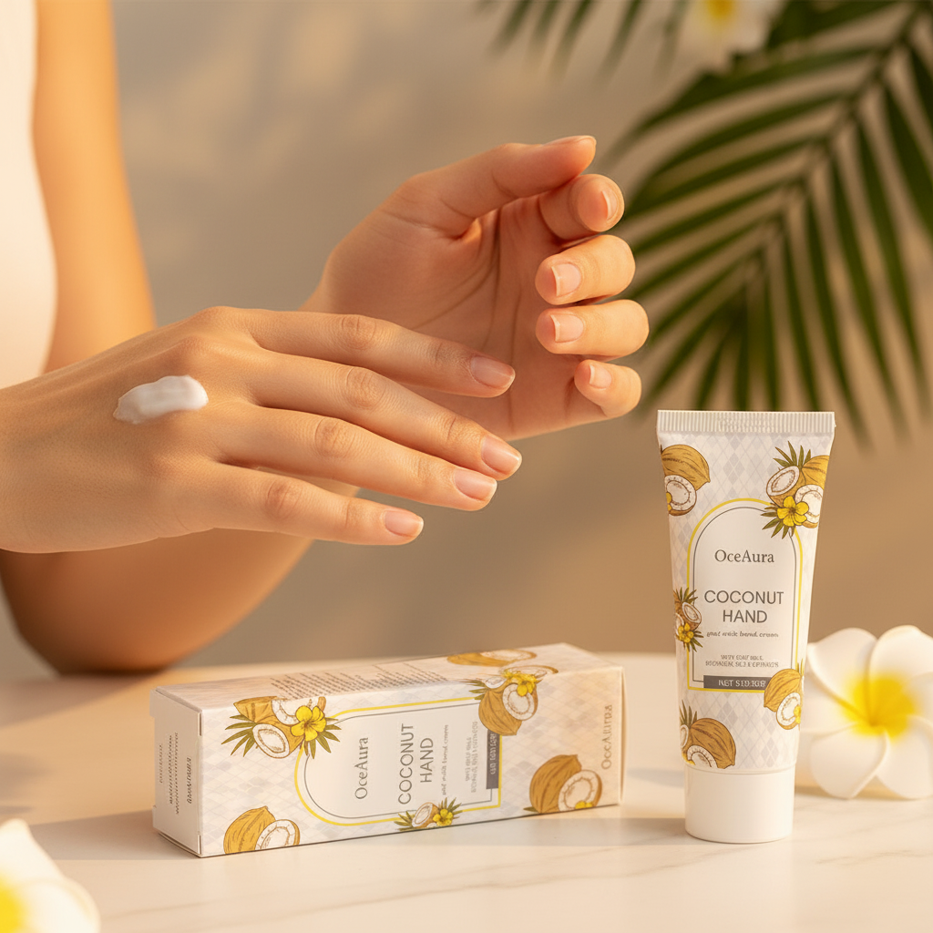 Woman applying coconut hand cream with soft glowing skin – Fericire