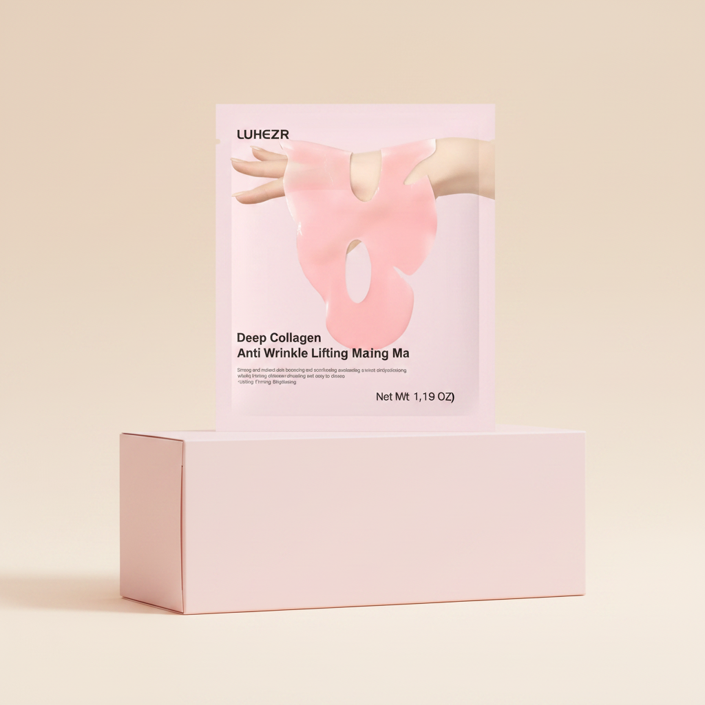 Collagen face mask packet laying on box