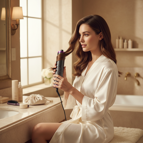 Woman using dark grey purple cordless auto hair curler lifestyle