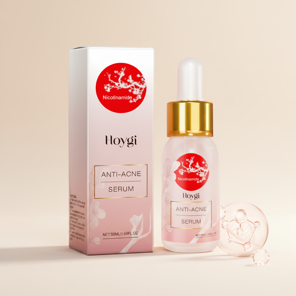 Anti-acne serum bottle and box clean cream background