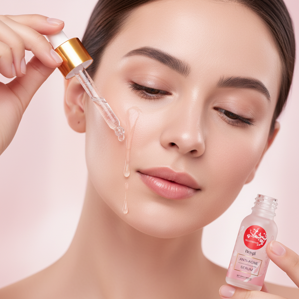 Woman with clear glowing skin applying Hoygi Anti-Acne Serum