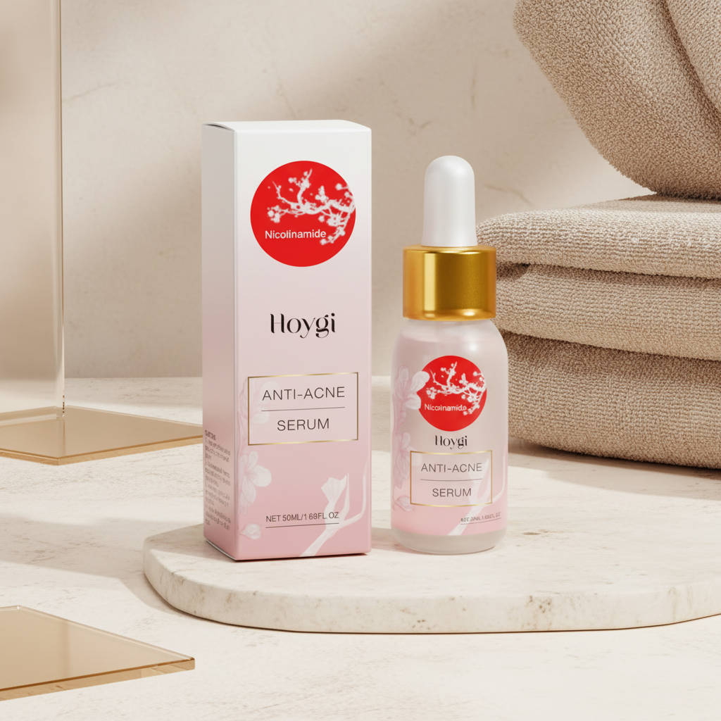 Anti-acne serum flat lay cream stone beige towels gold accents