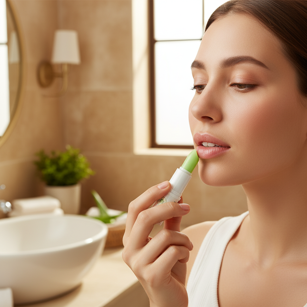 Woman applying aloe vera lip balm lifestyle