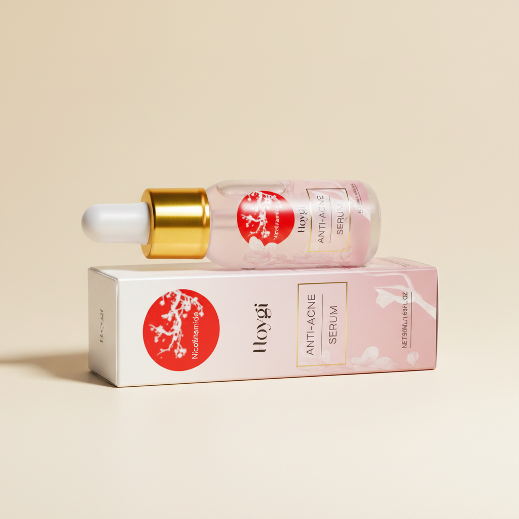 Anti-acne serum bottle laying on box