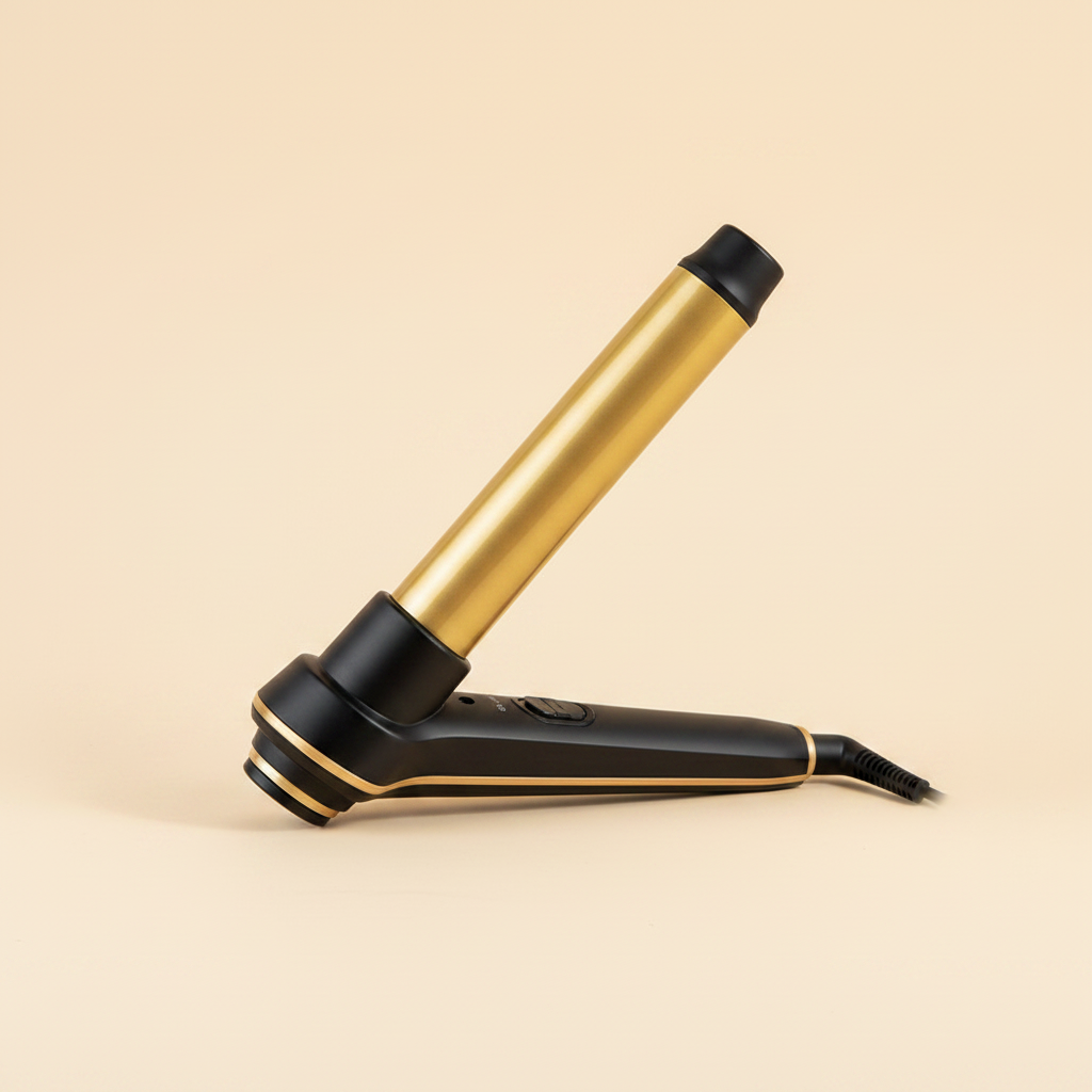 Black gold hair curling wand front view clean cream background