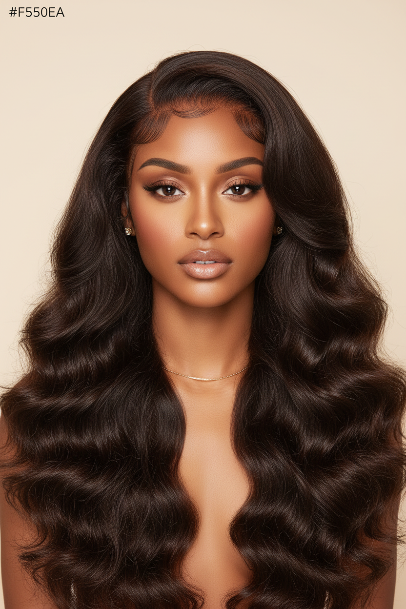 Woman wearing chocolate brown body wave lace front wig front portrait