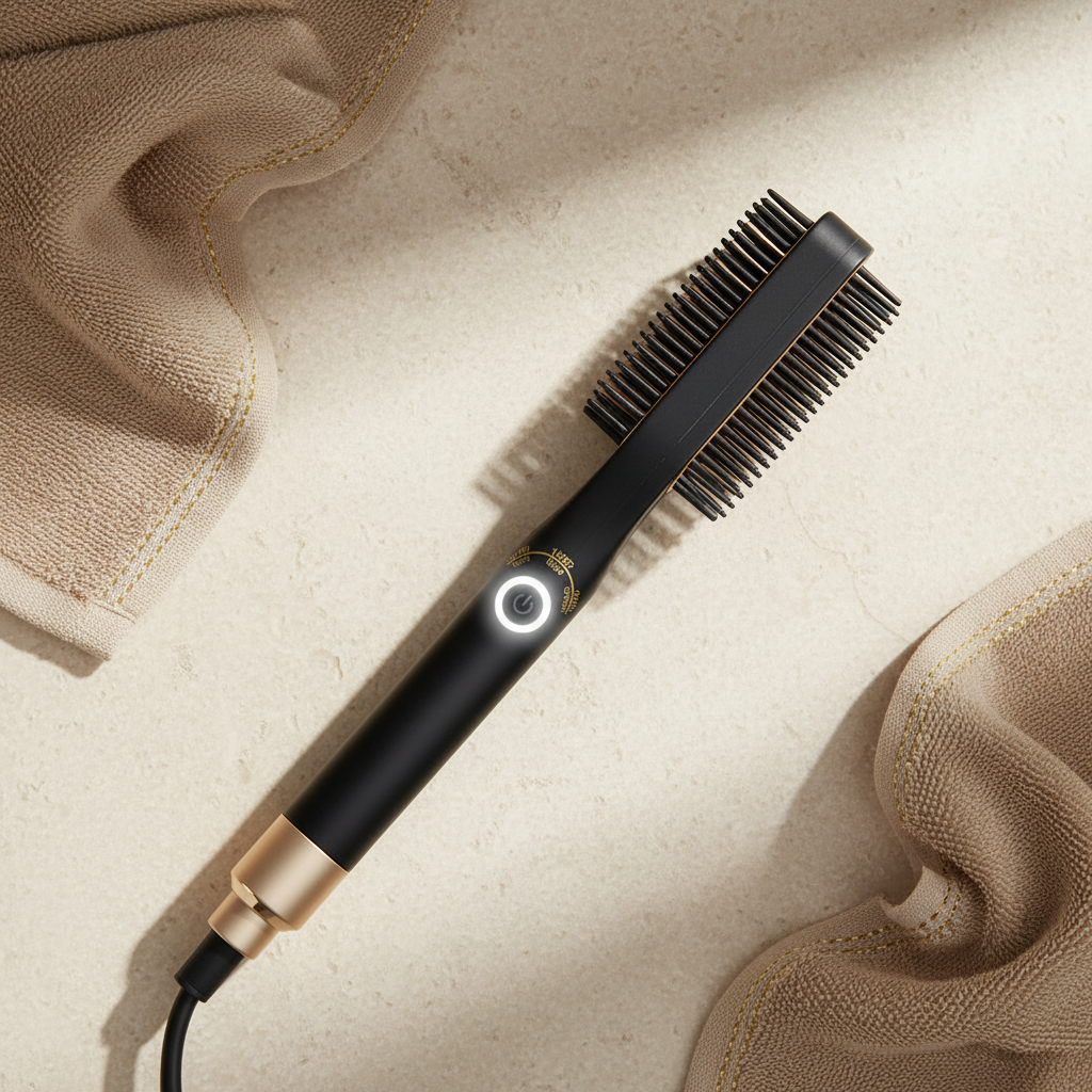Black gold hair straightening brush flat lay cream stone beige towels gold accents
