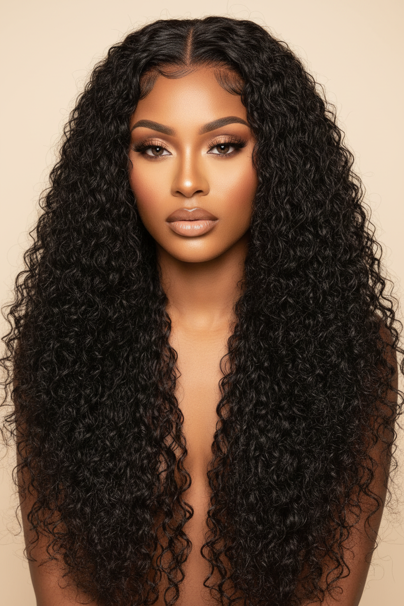 Woman wearing jet black deep wave lace front wig front portrait