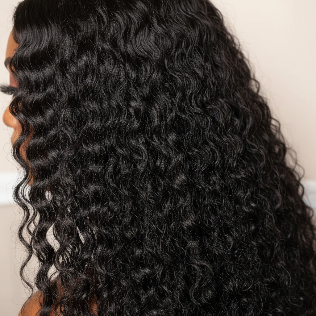 Jet black deep wave wig curl texture close-up detail