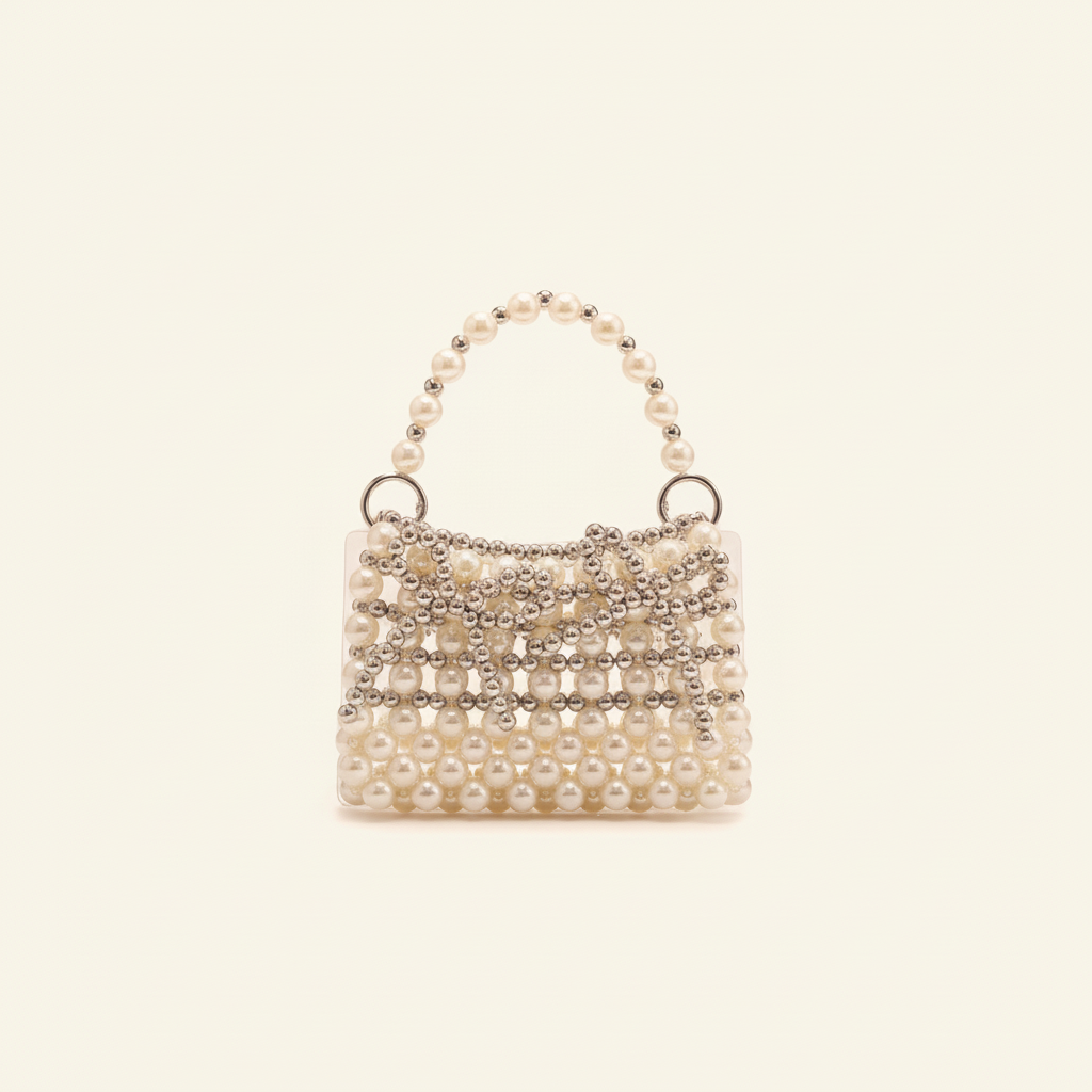Pearl and silver beaded mini handbag cinematic Vogue bridal campaign