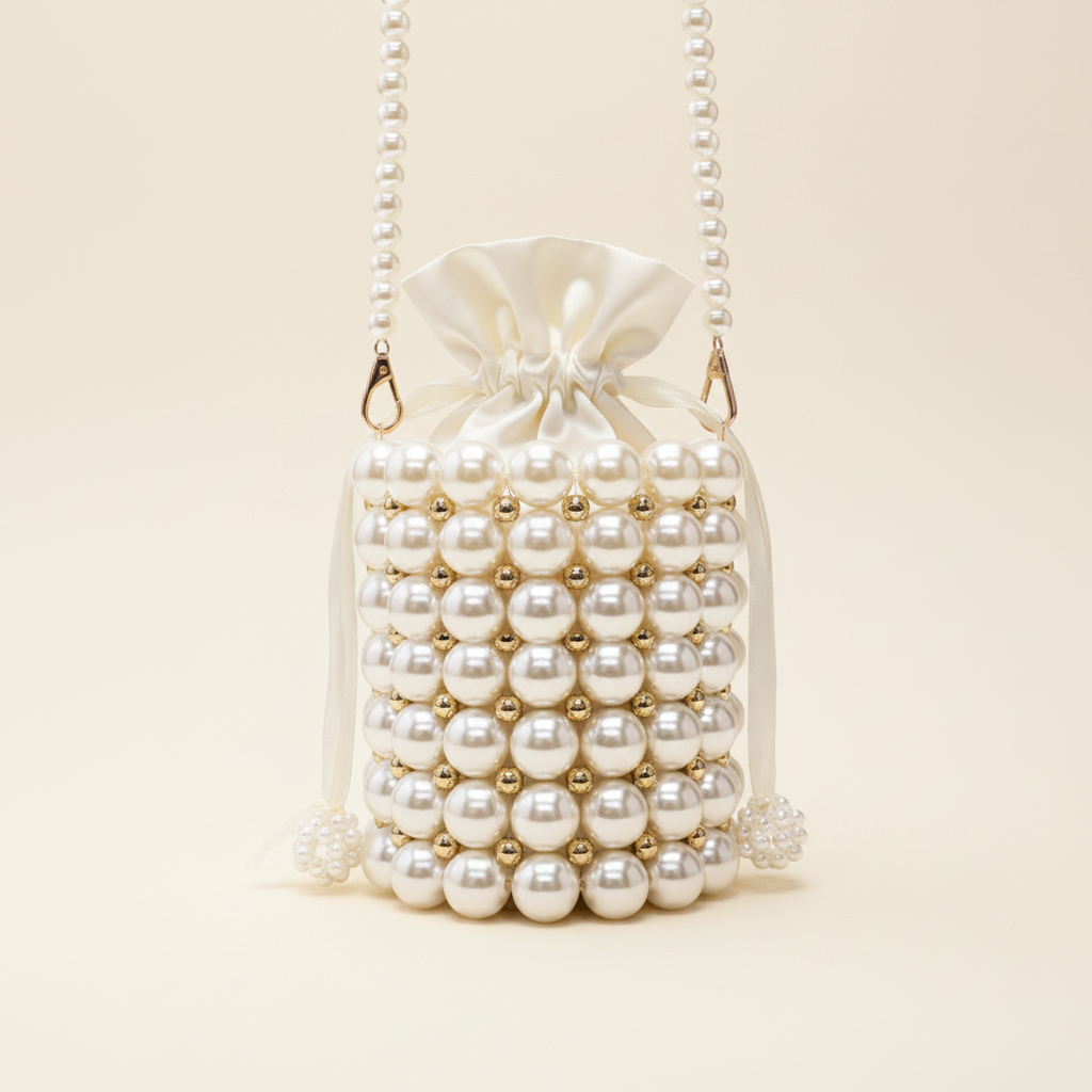 Ivory pearl and gold bucket bag clean hero cream background