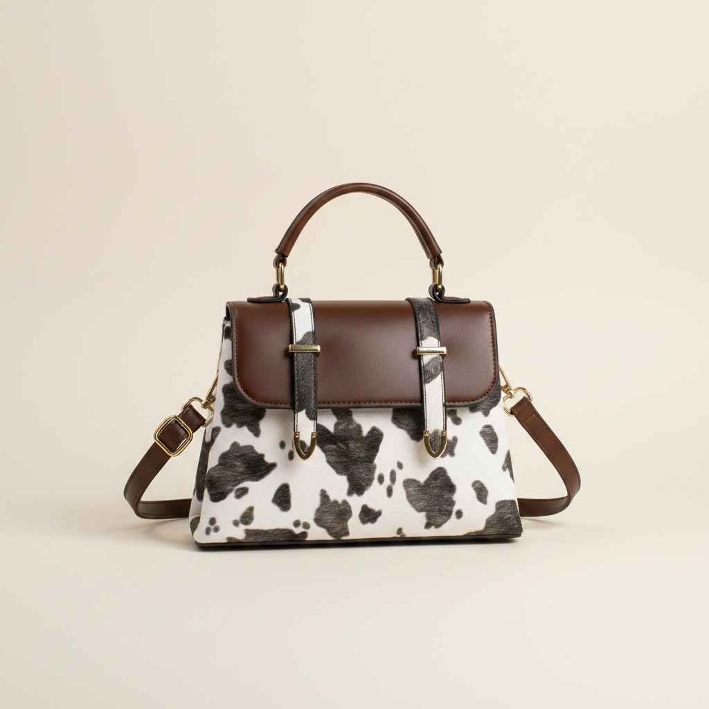 Cow print mini satchel cinematic Vogue accessories campaign