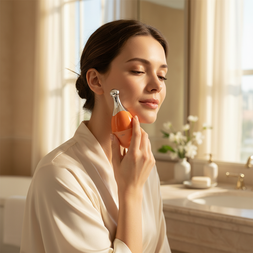 Woman using orange teardrop facial ice roller on face lifestyle