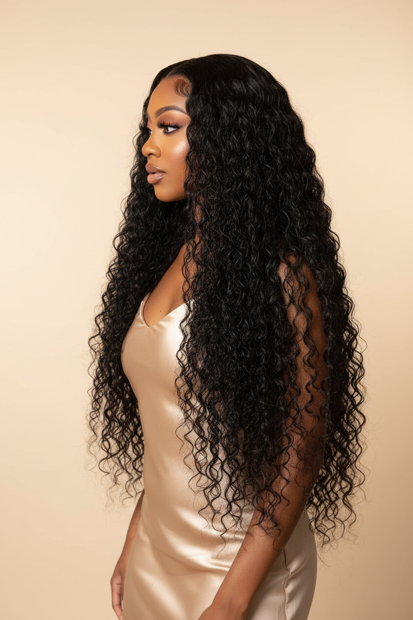 Woman wearing jet black deep wave wig side view showing volume and length