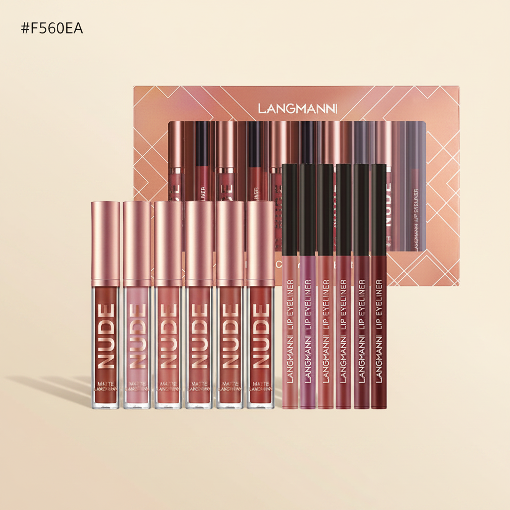 LANGMANNI nude matte lip kit full set with gift box cream background