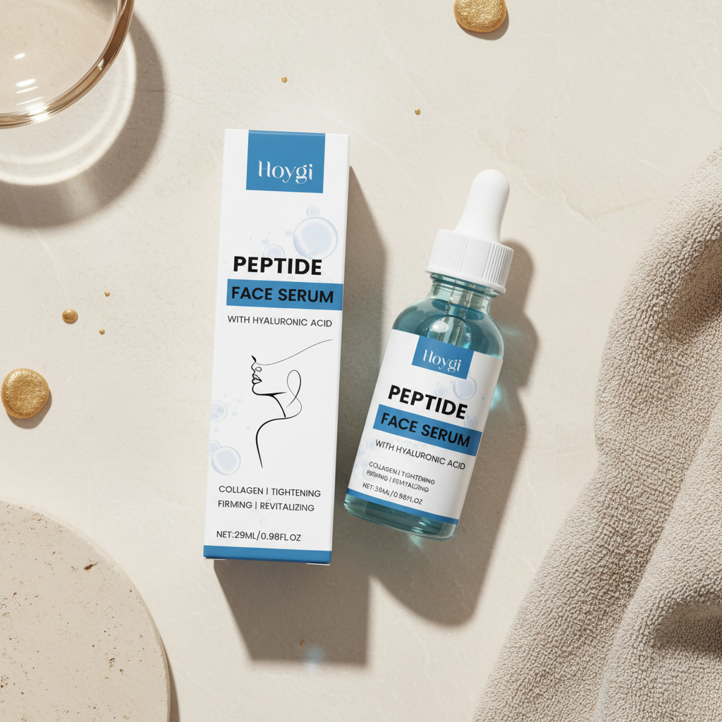 Peptide face serum flat lay cream stone beige towels gold accents