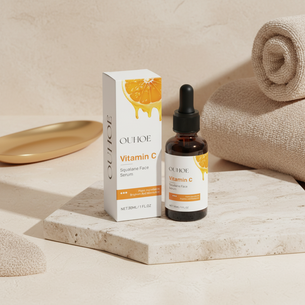 Vitamin C serum flat lay cream stone beige towels gold accents
