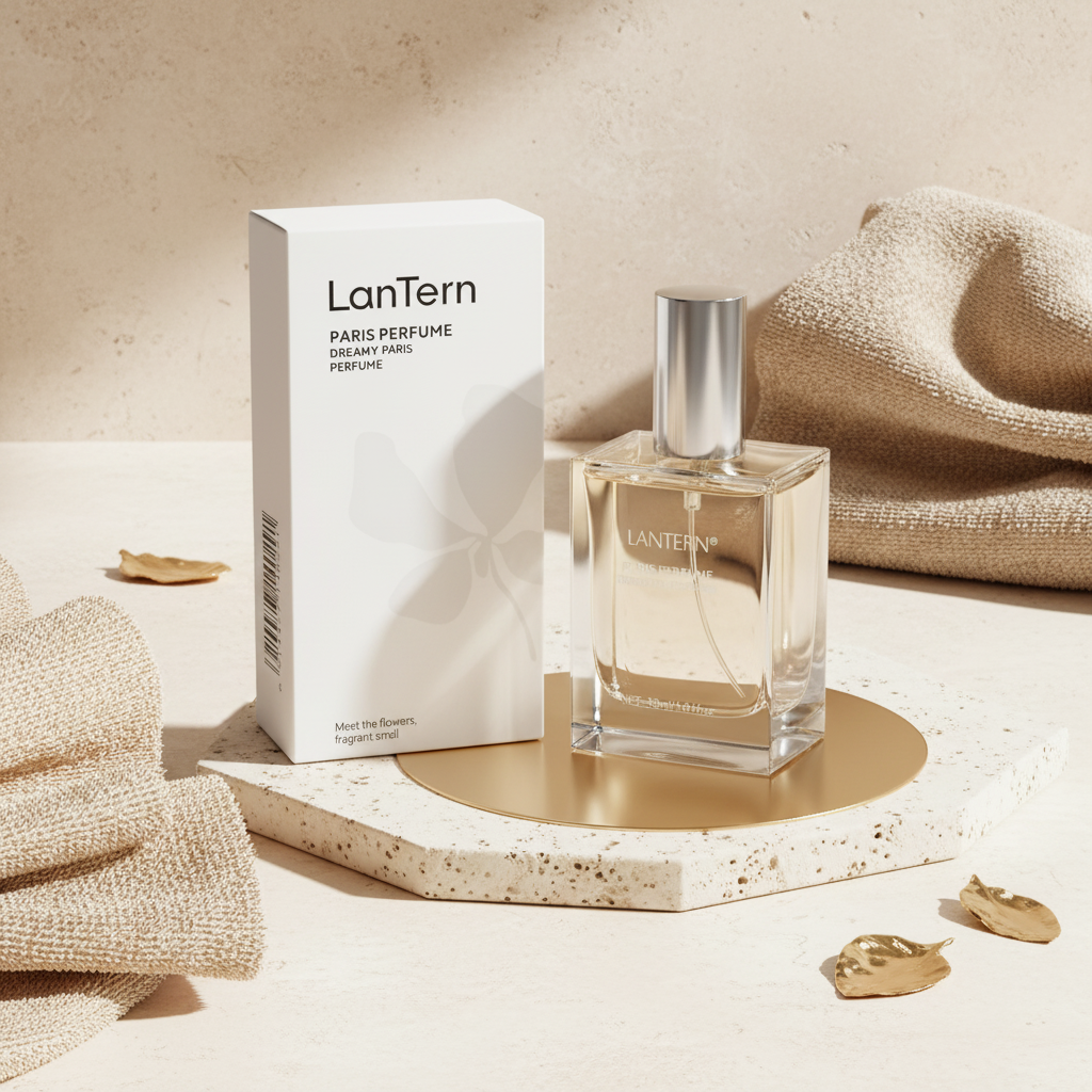 LanTern Paris perfume flat lay cream stone beige towels gold accents