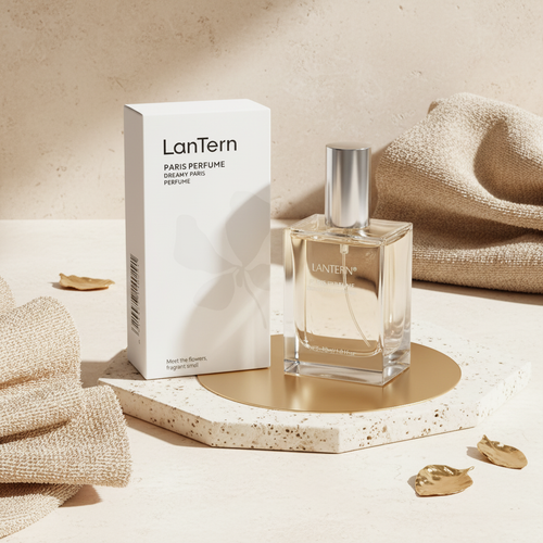 LanTern Paris perfume flat lay cream stone beige towels gold accents