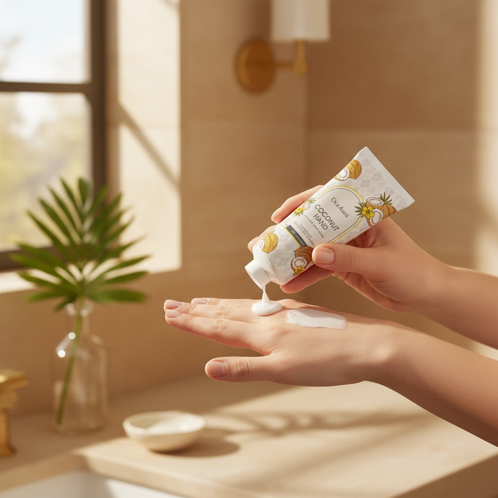 Woman applying coconut hand cream to smooth hands lifestyle