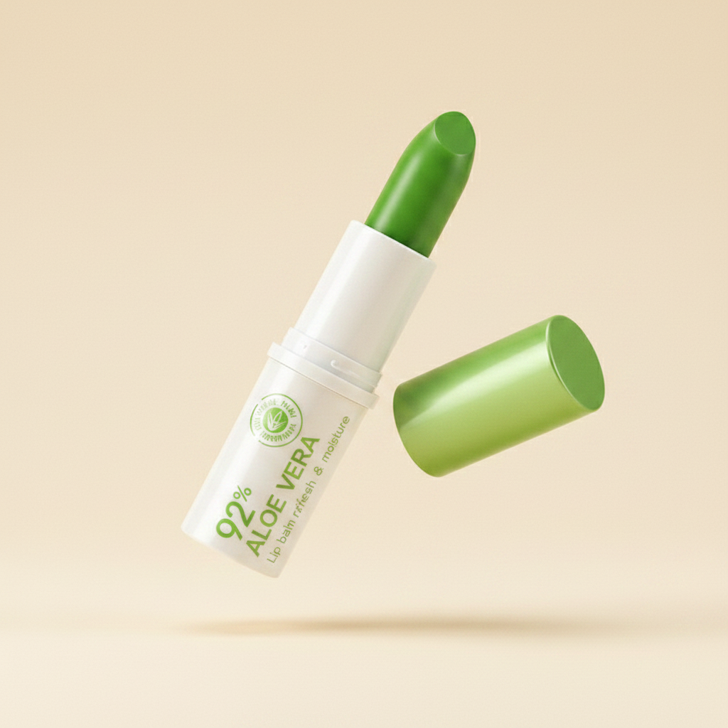 92% aloe vera lip balm white tube green cap 45 degree cinematic angle