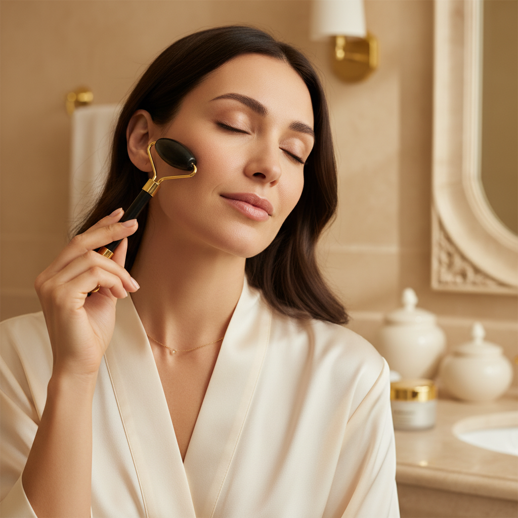 Woman using black obsidian gold jade roller on face lifestyle