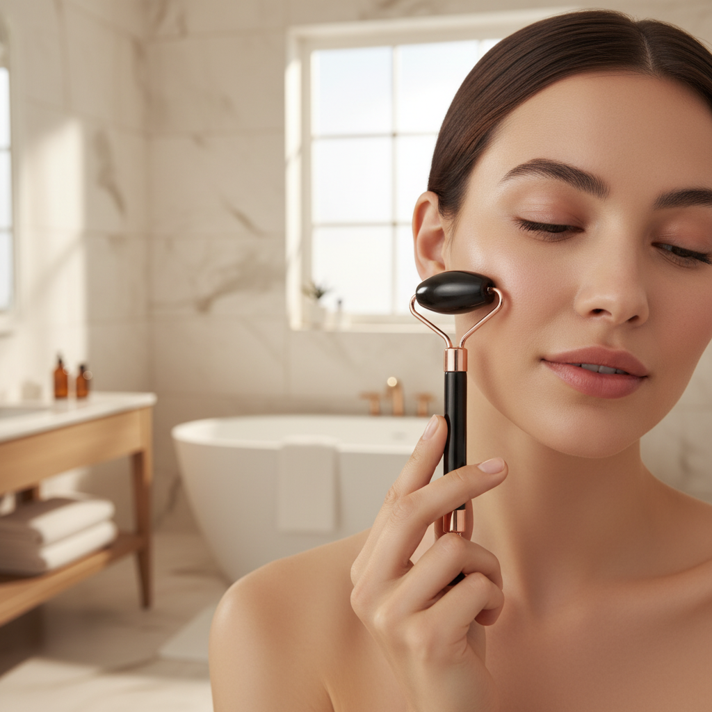 Woman using black obsidian jade roller on face lifestyle