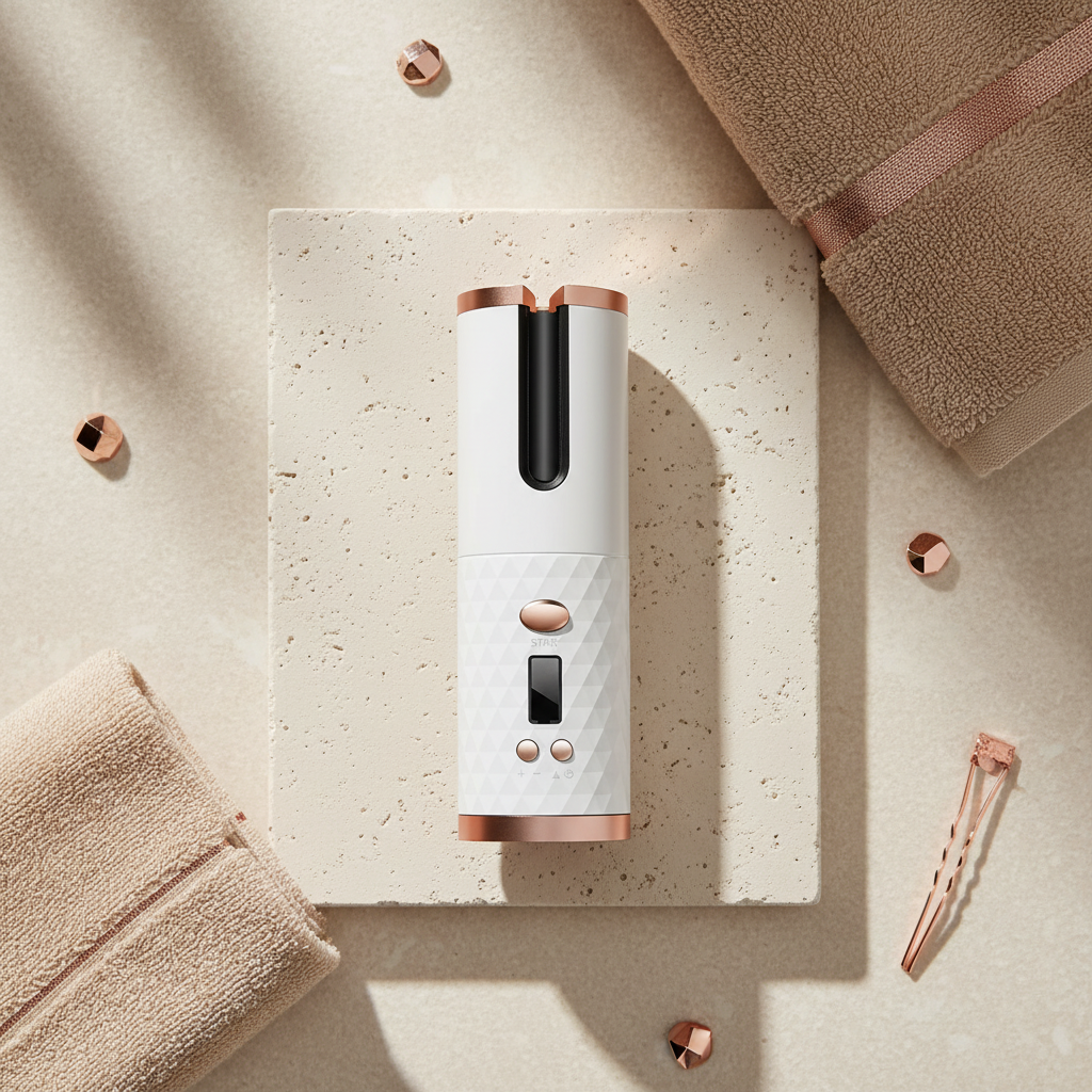 White rose gold diamond cordless auto hair curler flat lay cream stone beige towels rose gold accents