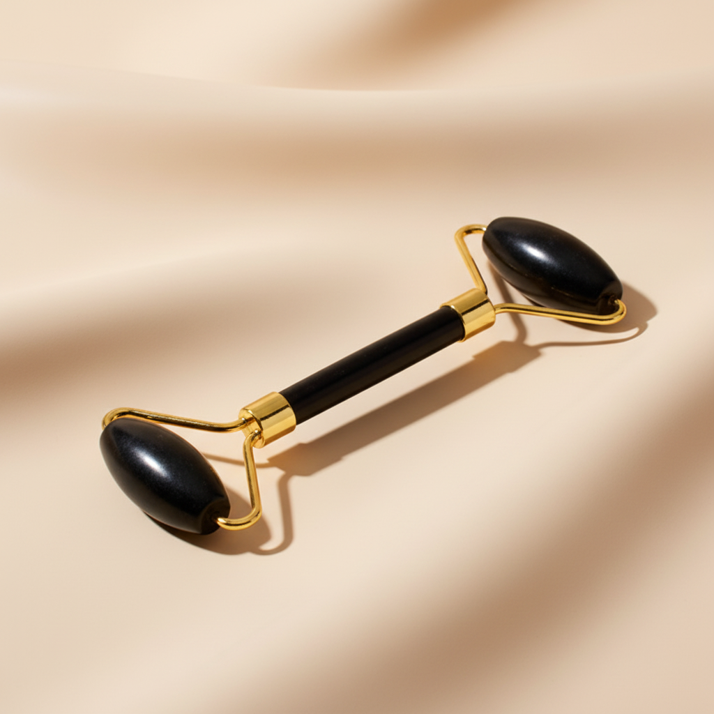 Black obsidian gold jade roller cinematic Vogue spa campaign