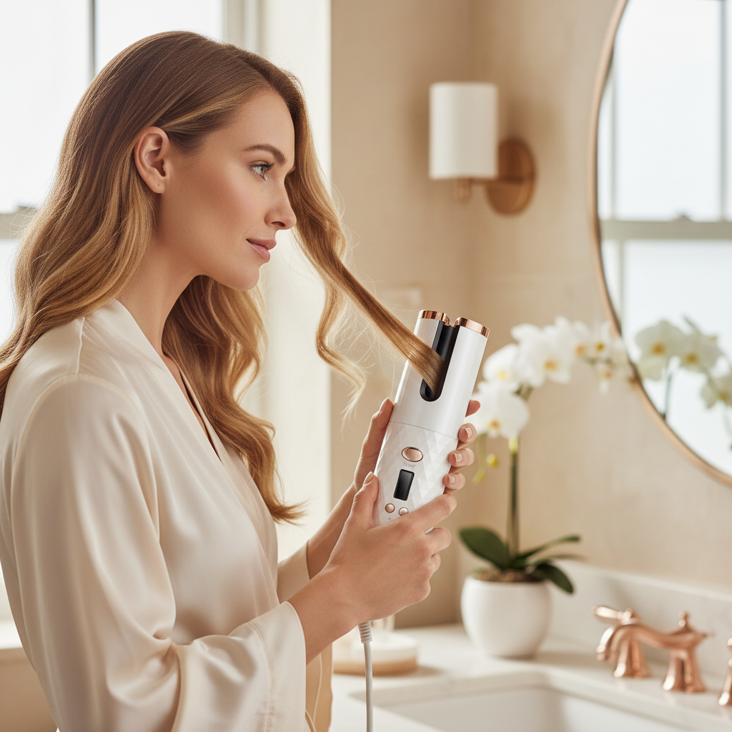 Woman using white rose gold diamond cordless auto hair curler lifestyle