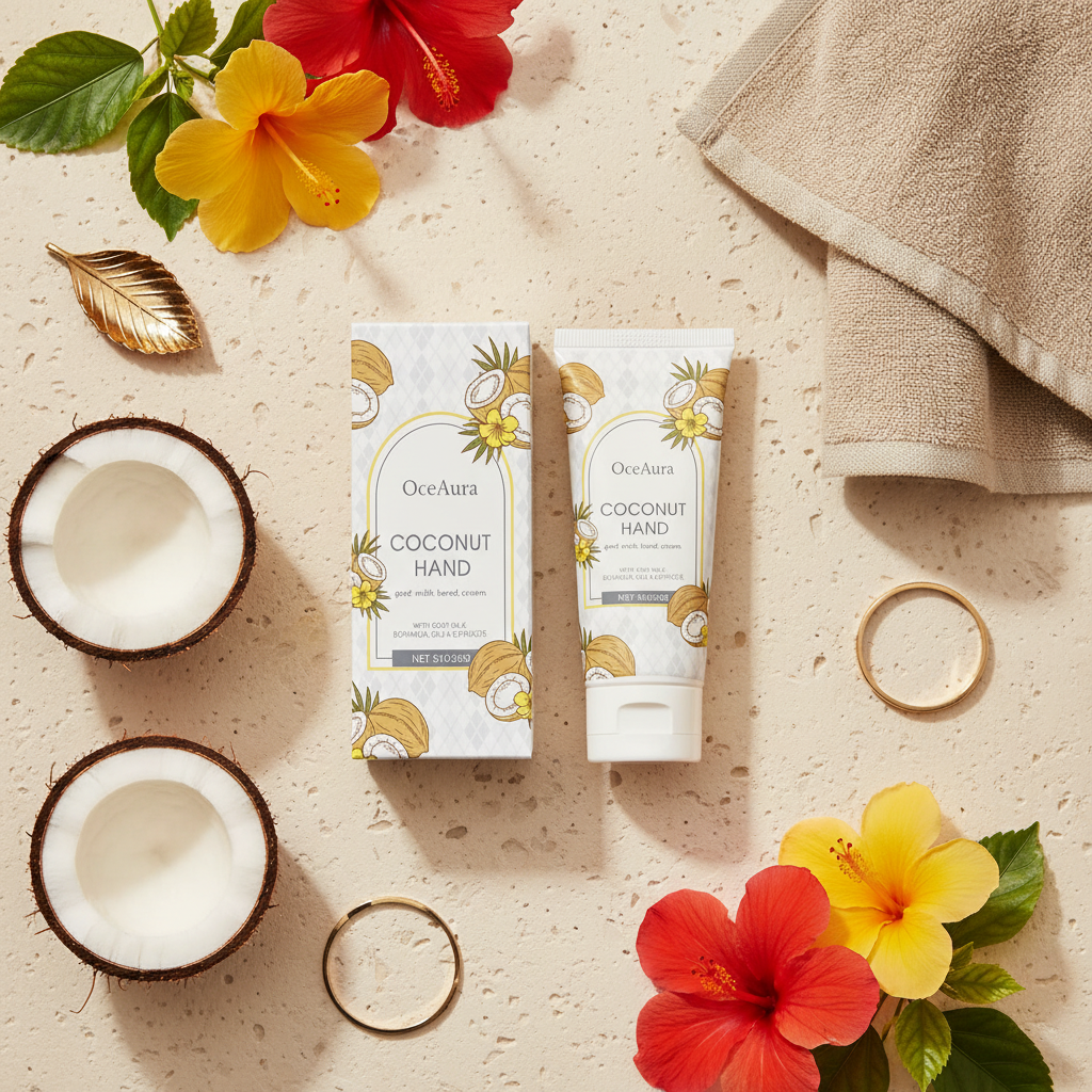 OceAura coconut hand cream flat lay cream stone coconuts hibiscus linen gold accents
