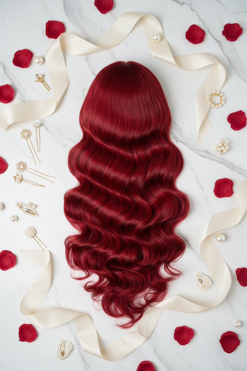 Cherry Red Body Wave Wig - Luxury Flat Lay