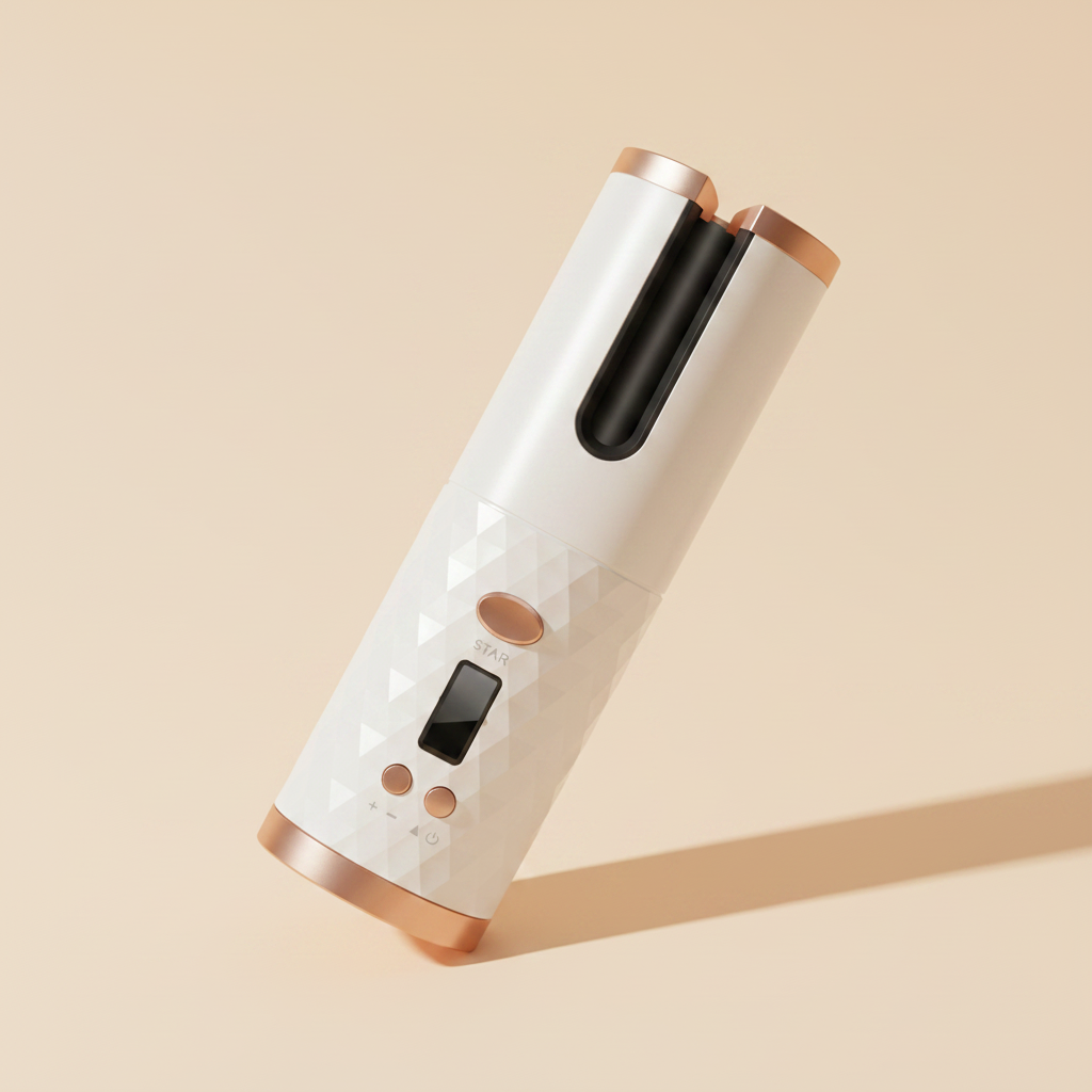 White rose gold diamond cordless auto hair curler 45 degree angle view