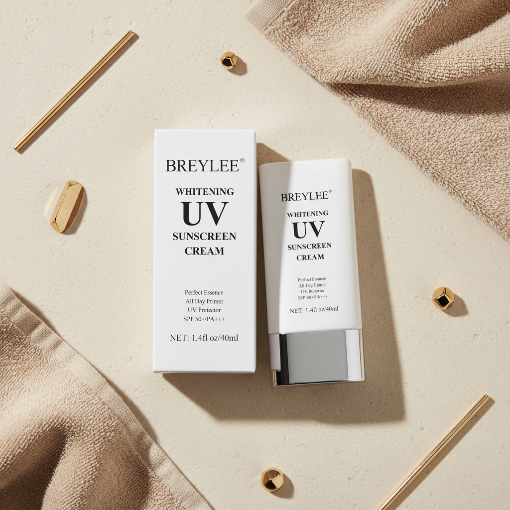 Breylee UV sunscreen flat lay cream stone beige towels gold accents