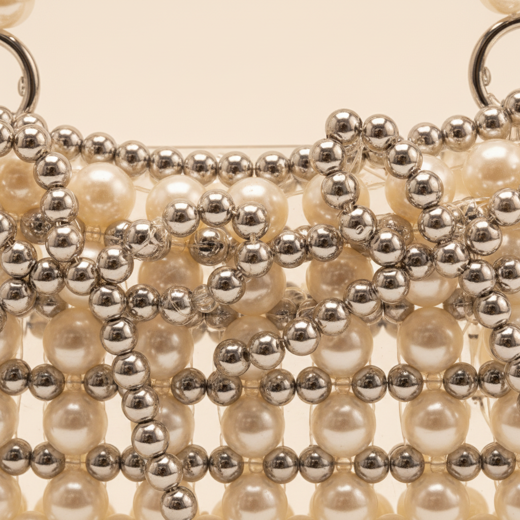 Pearl and silver beaded mini handbag texture close-up detail