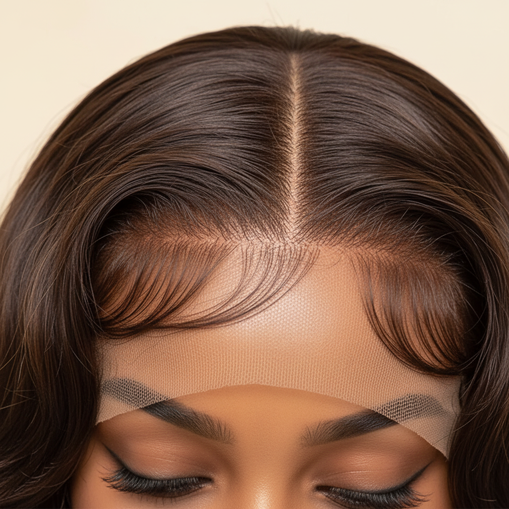 Chocolate brown body wave wig lace hairline close-up detail