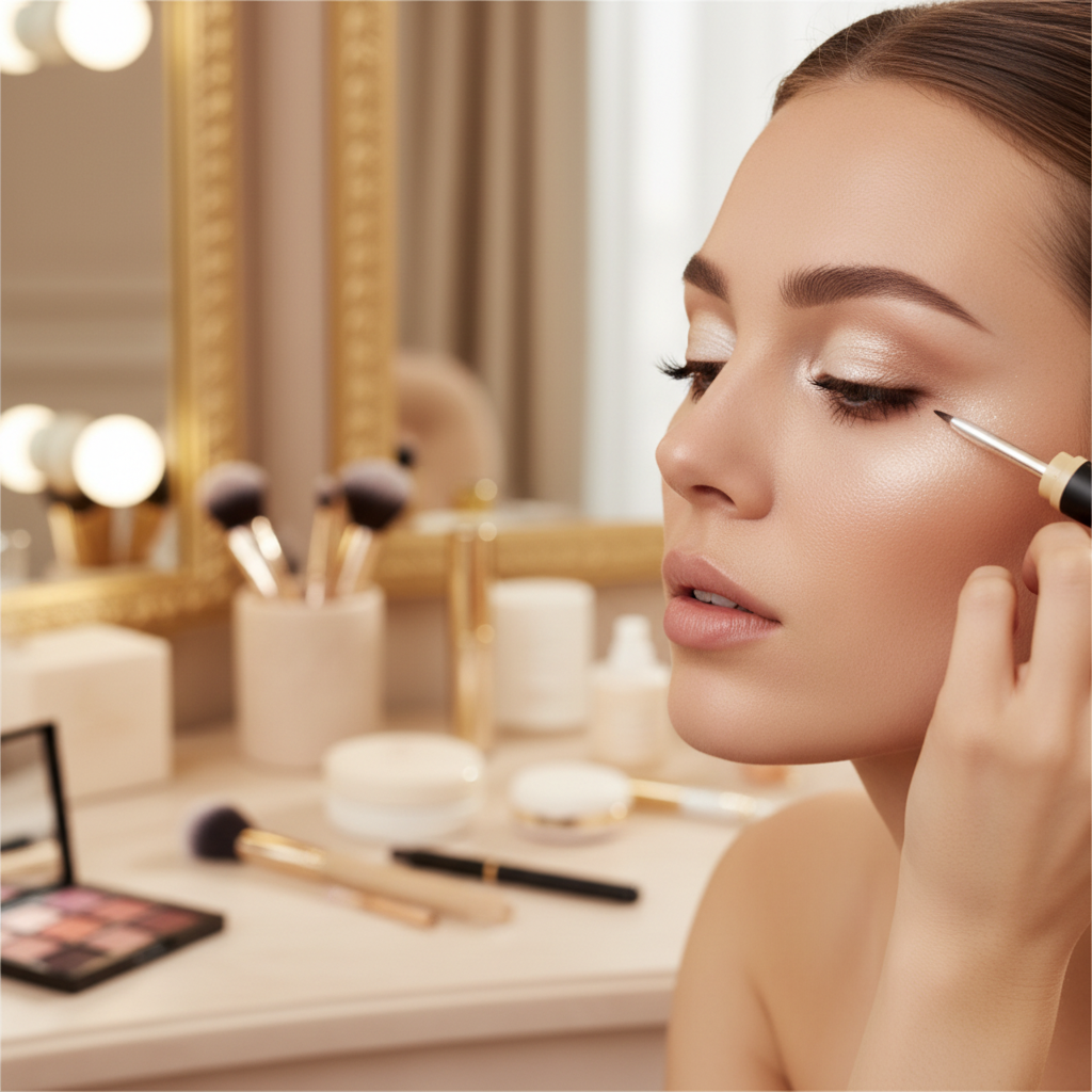 Woman applying white pearl gel eyeliner lifestyle