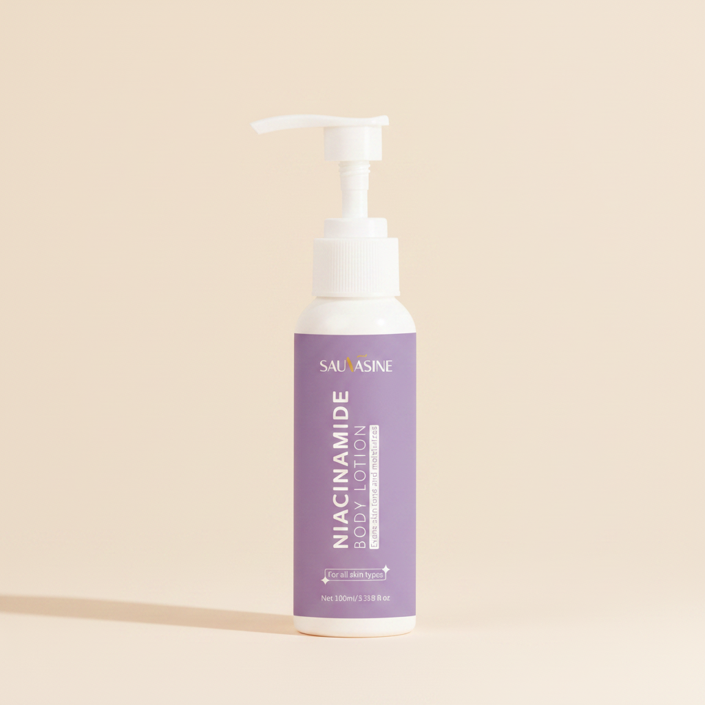 SAUVASINE niacinamide body lotion lavender pump bottle solo cream background