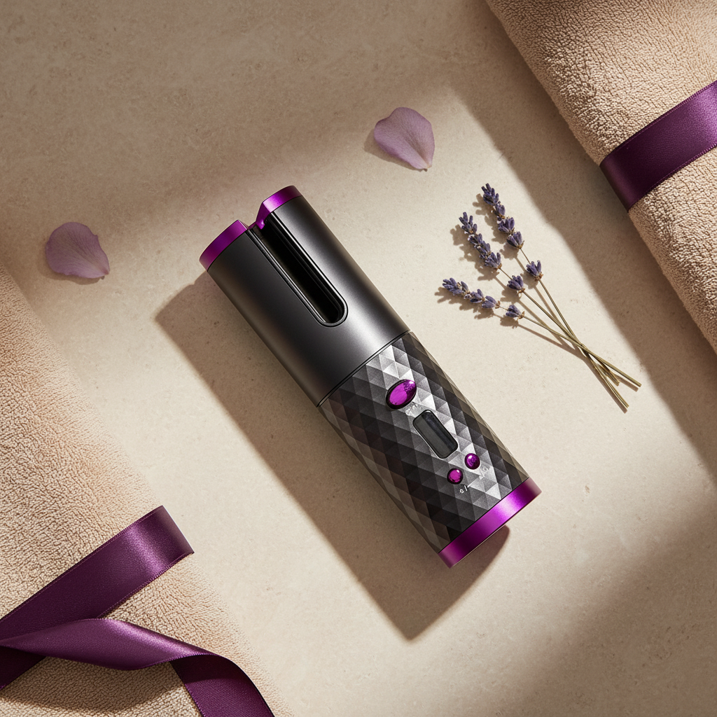 Dark grey purple cordless auto hair curler flat lay cream stone beige towels purple accents