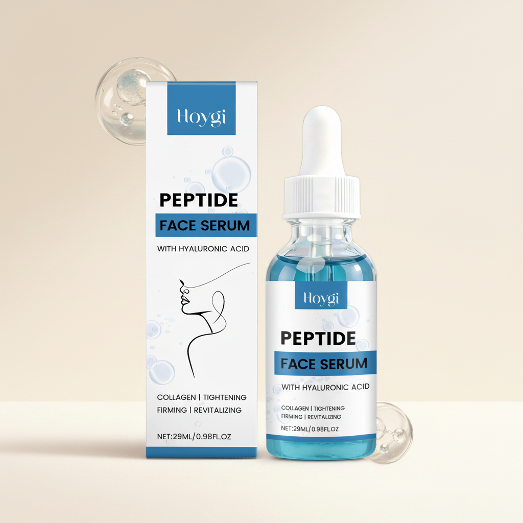 Peptide face serum bottle and box clean cream background
